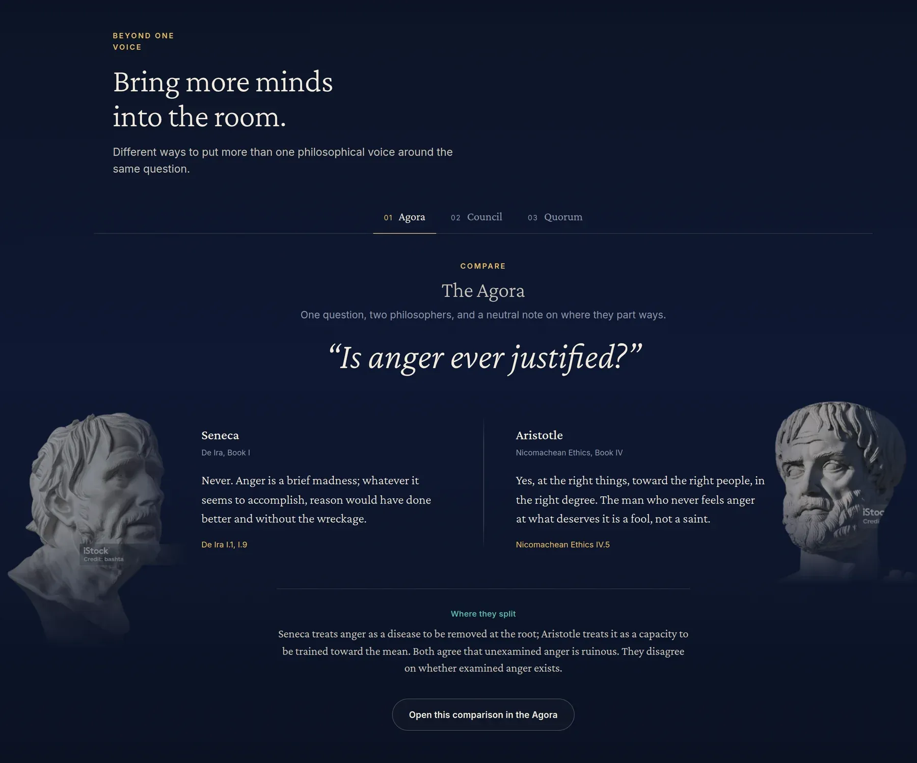 The Agora with Seneca on the left and Aristotle on the right, each answering whether anger is ever justified, and a short note between them.