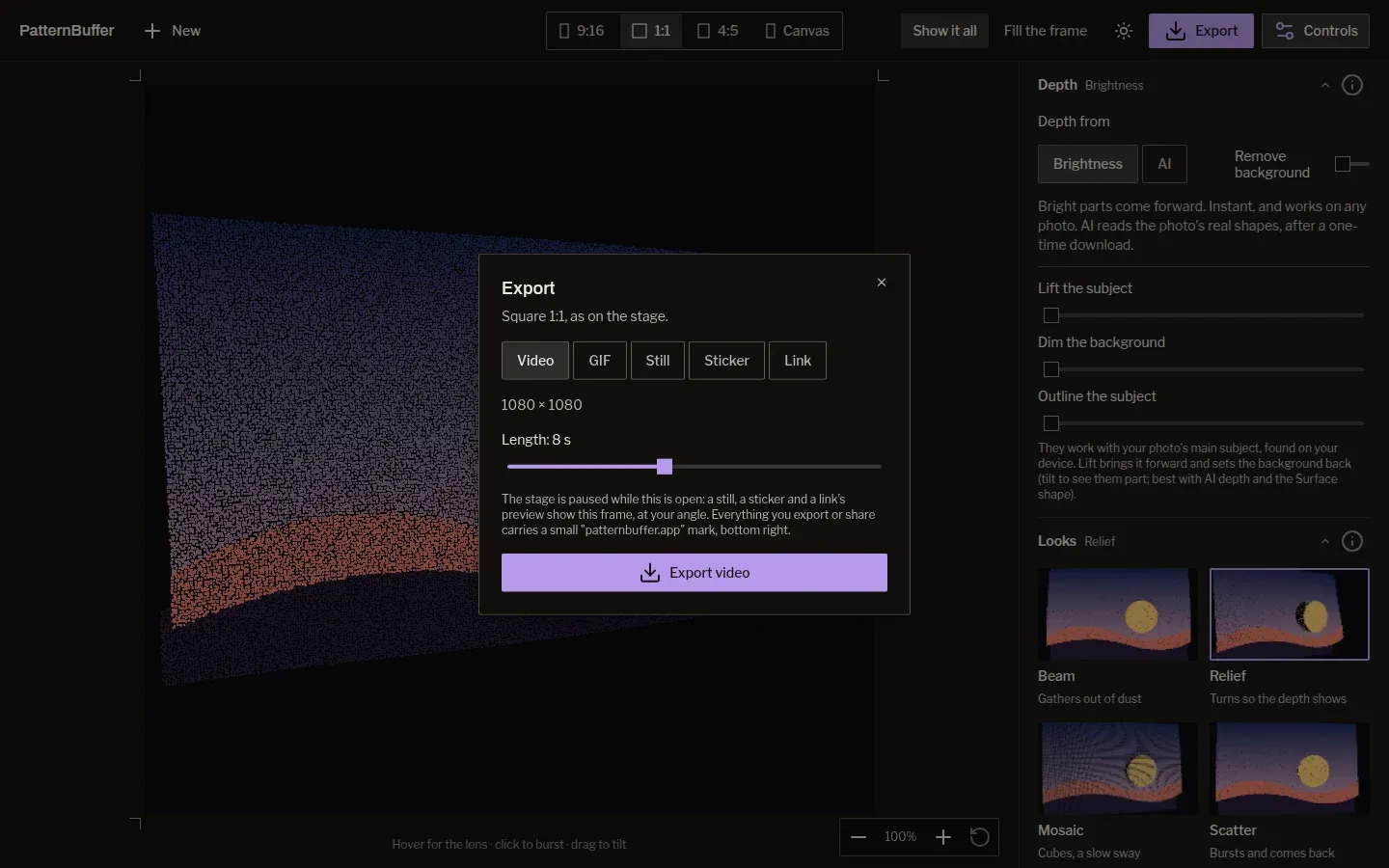 Export a video, GIF, still, sticker or link, at the stage's exact frame