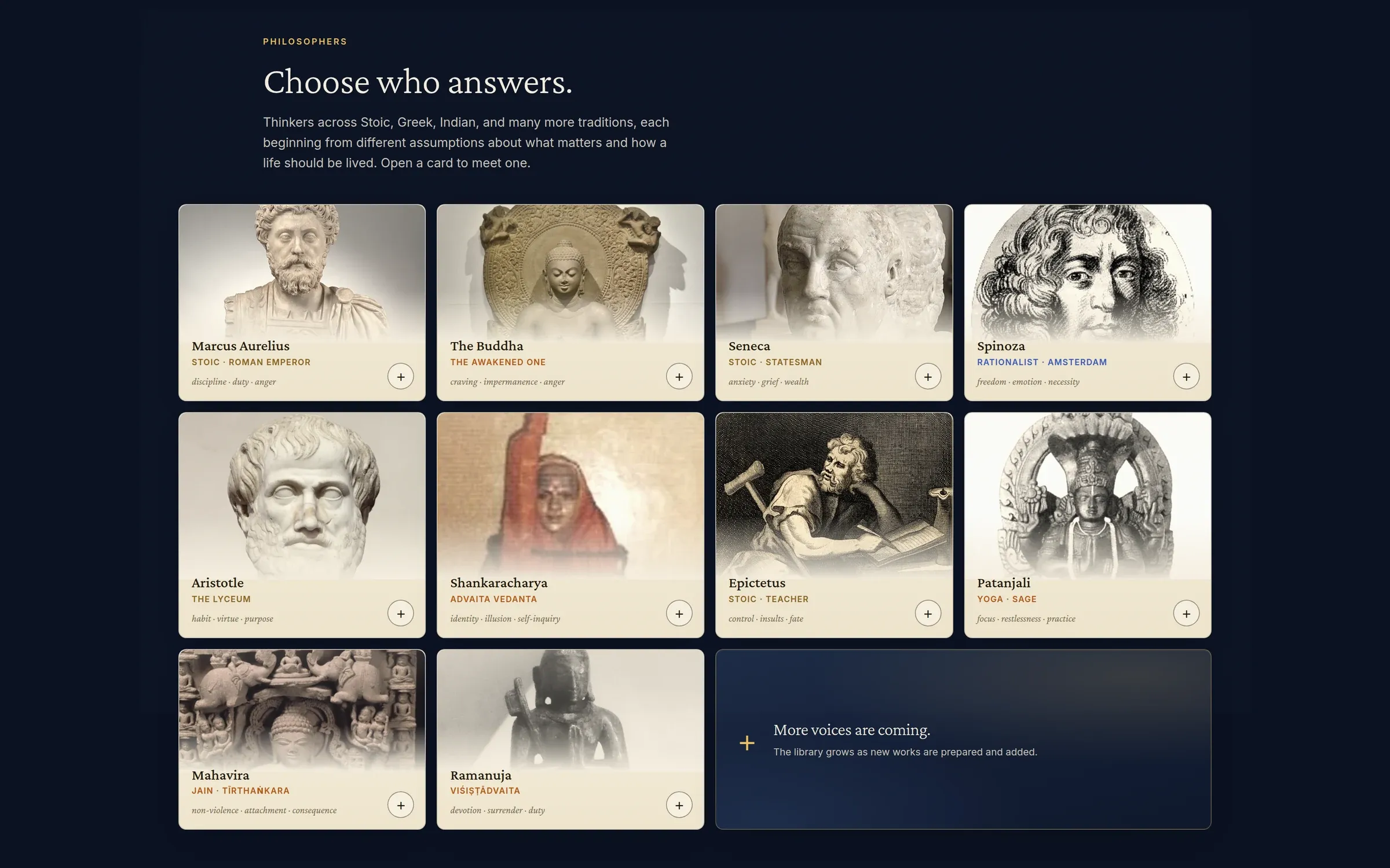 Ten philosophers across Stoic, Greek, Indian and rationalist traditions