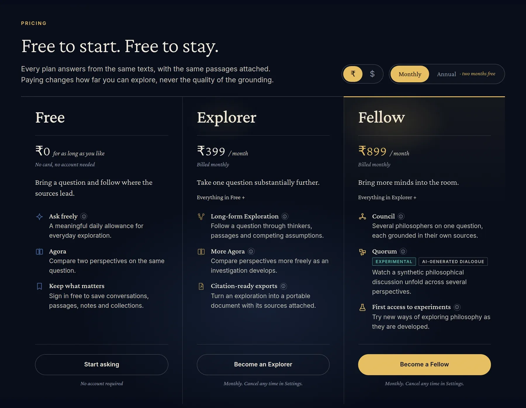 The pricing section: Free, Explorer at 399 rupees a month and Fellow at 899 rupees a month, each listing what it adds.