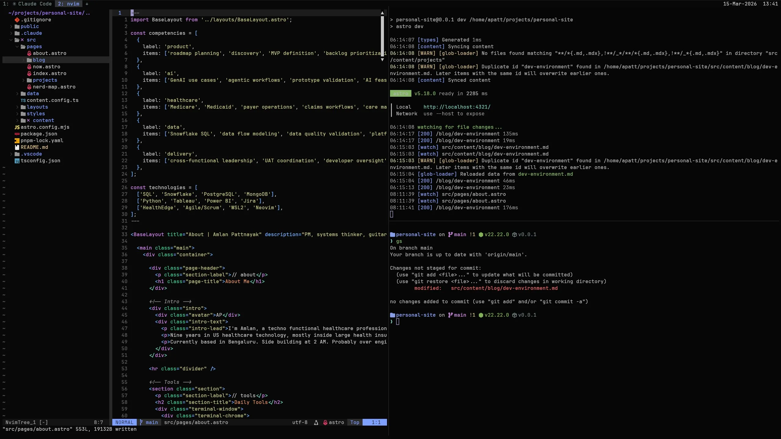 WezTerm with three split panes, one with Neovim, one shell, and one running a dev server