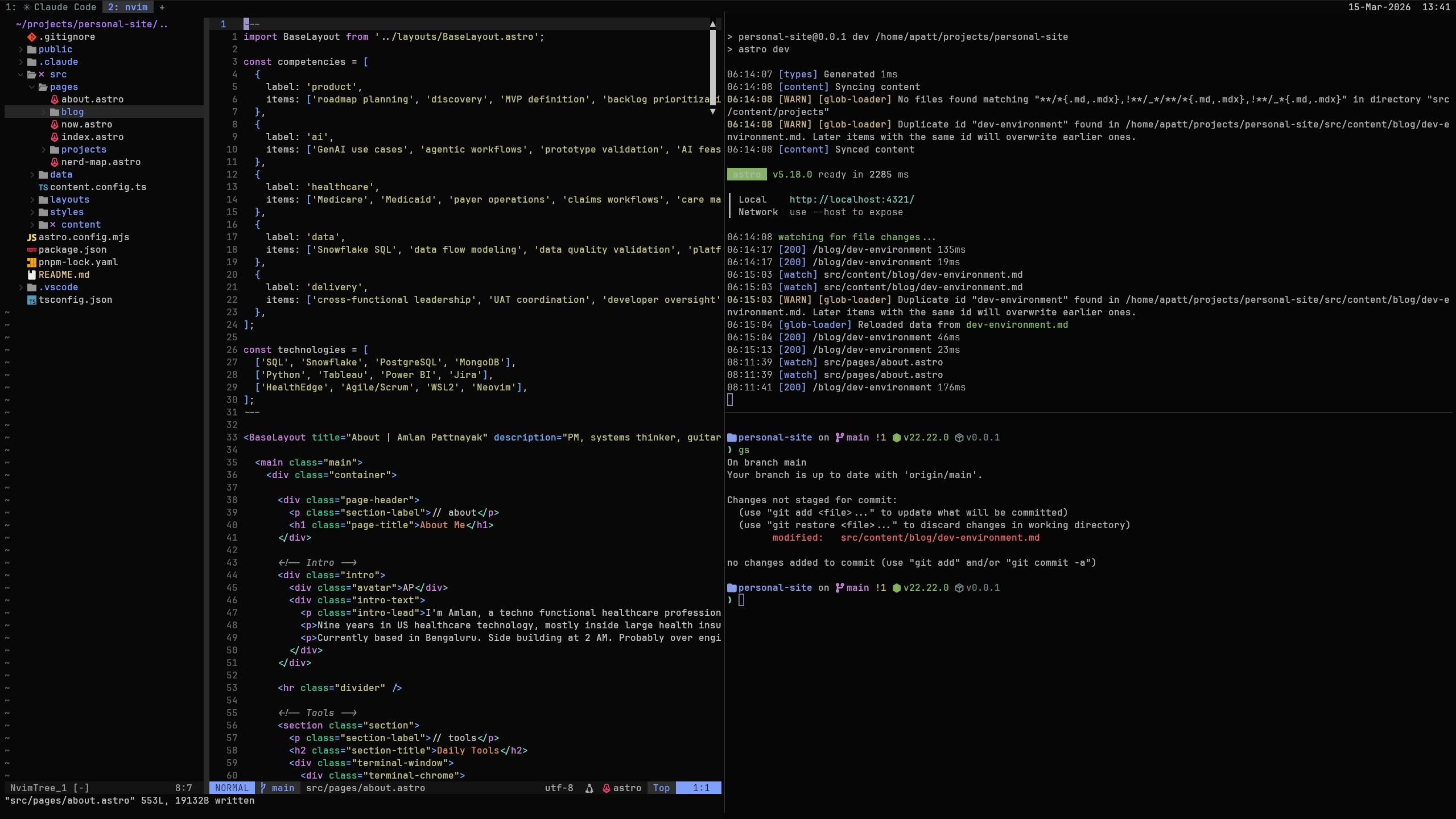 WezTerm with three split panes, one with Neovim, one shell, and one running a dev server