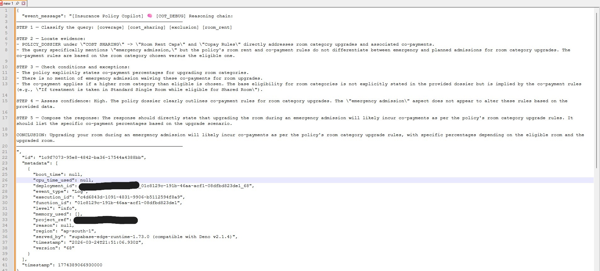COT reasoning logs: 5-step chain-of-thought framework visible